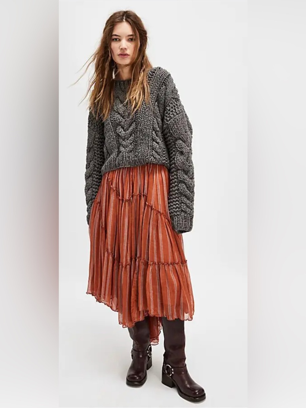 NWOT Free People One Ember Asymmetric Orange Striped Midi Skirt Size M